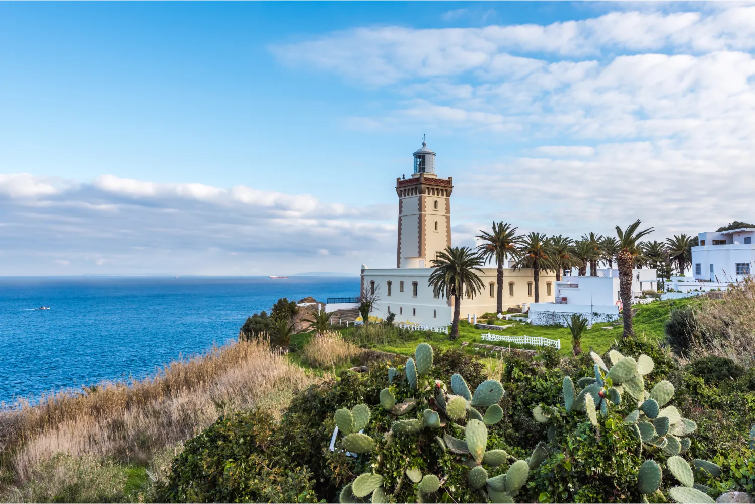Leuchtturm umgeben von Pinienbäumen am Kap Spartel in Tanger