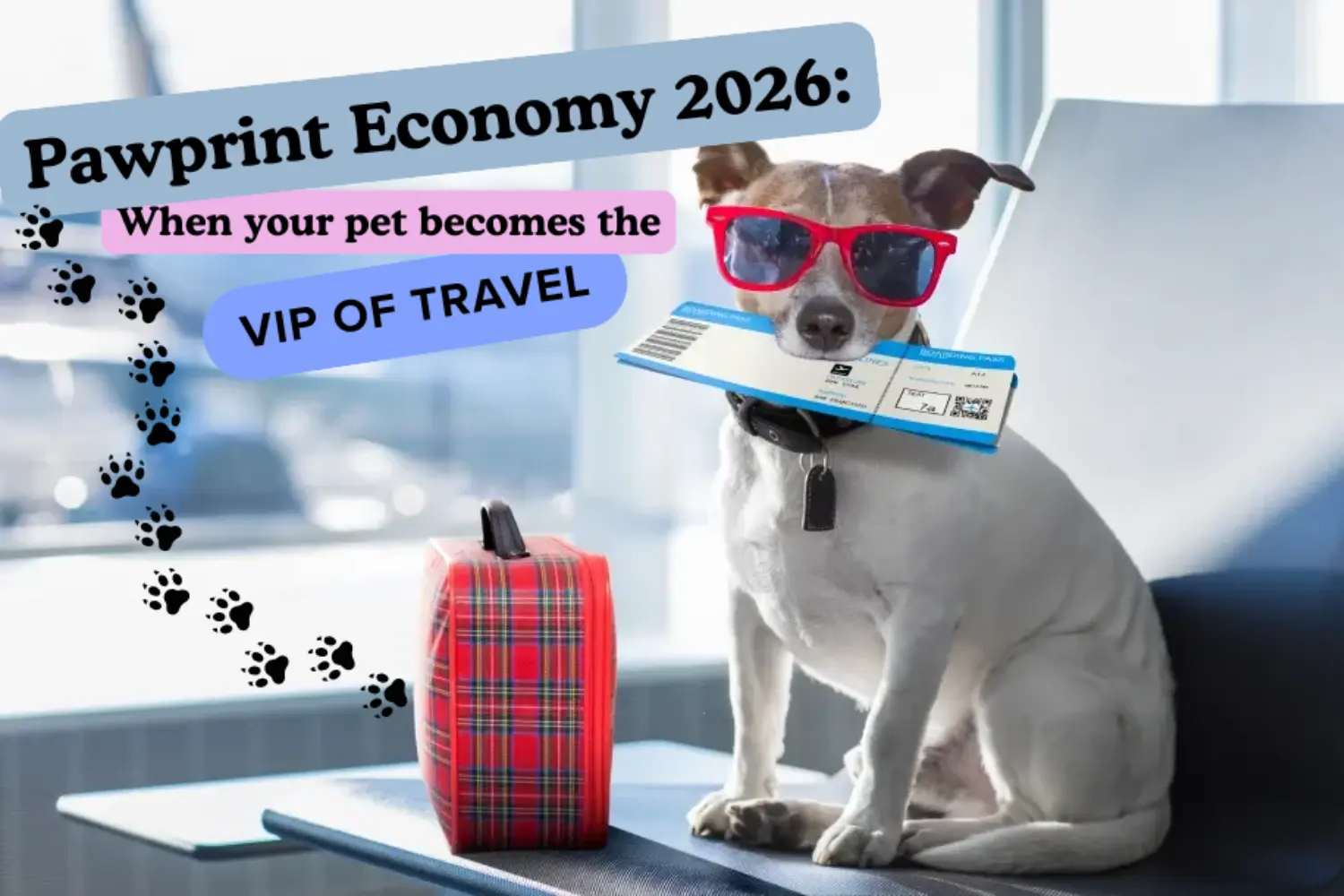 Ein Hund mit seinem Gepäck, der eine Sonnenbrille trägt und sein Fährticket im Maul hält.