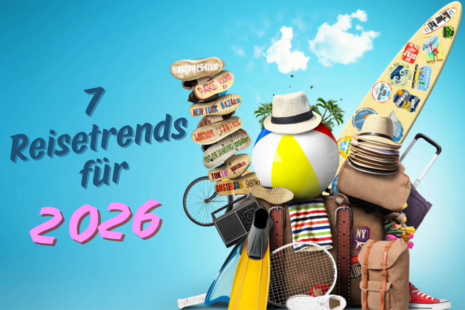 Gepäck, Hüte, Schuhe, Flossen und sonstige Dinge des täglichen Bedarfs vor blauem Himmel – ein Hinweis auf Sommerurlaub.