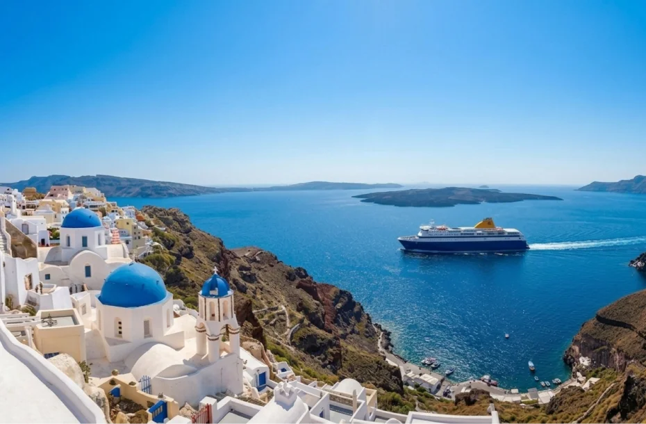 Konventionelle Fähre erreicht den Hafen von Santorini