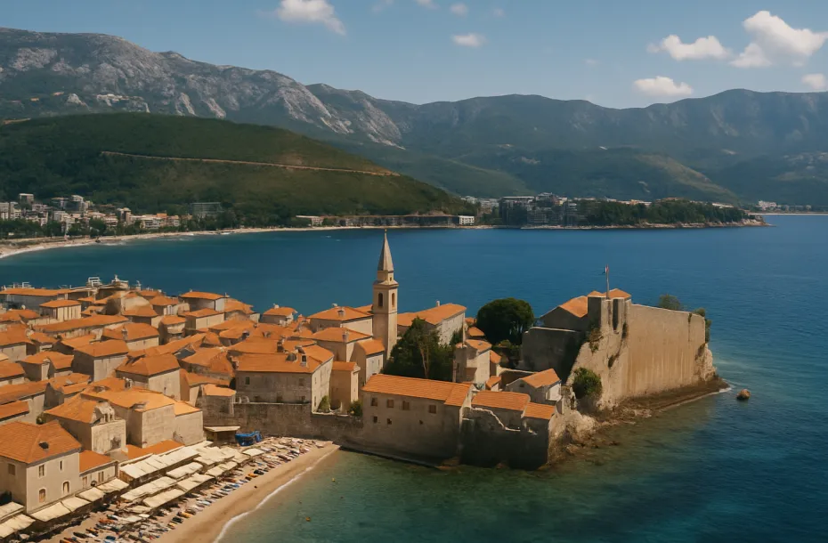 Blick auf die Altstadt von Budva mit ihren malerischen Häusern und dem kristallklaren Wasser