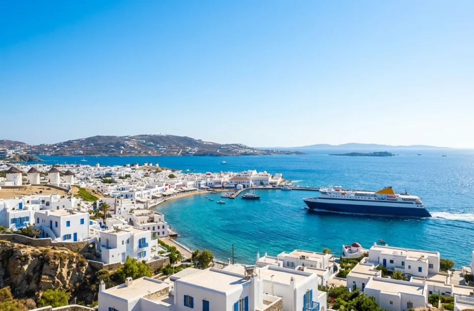 Konventionelle Fähre erreicht den Hafen von Mykonos