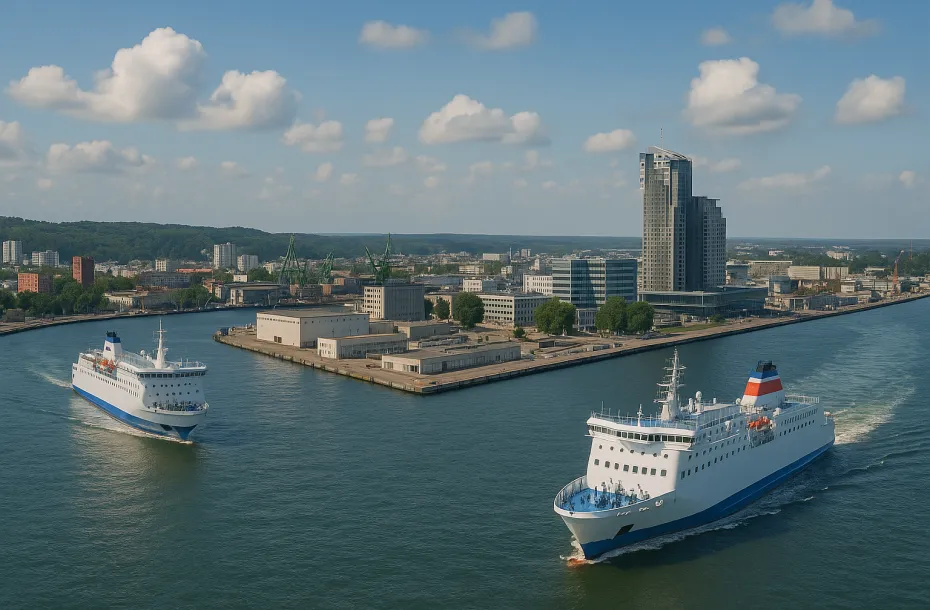 Fährhafen Gdynia mit abfahrenden Fähren