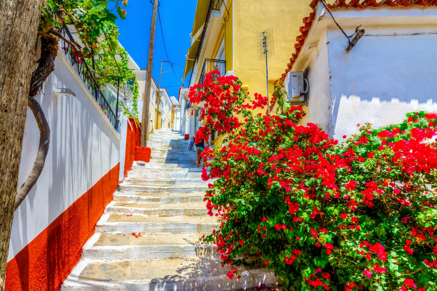 Bunte Treppe mit Blumen in Vathi, Samos