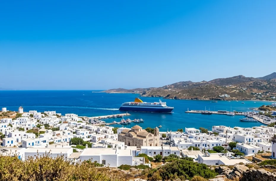 Konventionelle Fähre erreicht den Hafen von Paros